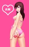  :3 arms_at_sides ass ass_tattoo back bangs bare_arms bare_legs bare_shoulders bikini breasts brown_eyes brown_hair bunny_tattoo character_name d.va_(overwatch) eyelashes eyeshadow facepaint facial_mark from_behind headphones headphones_around_neck highres legs_apart long_hair looking_at_viewer looking_back makeup mascara medium_breasts overwatch parted_lips pink_background pink_bikini pink_lips side-tie_bikini simple_background smile solo swimsuit tattoo teeth v-shaped_eyebrows whisker_markings wuguno_ziran_juan 