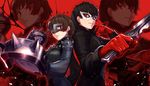  1girl amamiya_ren back-to-back black_jacket domino_mask fighting_stance jacket knife looking_at_viewer mask nekobayashi_(nekoforest) niijima_makoto persona persona_5 red_background red_eyes scarf spiked_knuckles 