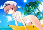  all_fours banana_boat bikini brown_eyes closed_mouth clothes_writing day hat kantai_collection looking_at_viewer palm_tree sailor_bikini sailor_collar sailor_hat short_hair smile solo sou_(soutennkouchi) sun swimsuit tree white_bikini white_hat z3_max_schultz_(kantai_collection) 