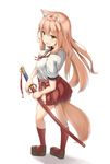  animal_ear_fluff animal_ears blush breasts brown_hair cleavage eyebrows_visible_through_hair fate/extra fate/extra_ccc fate/extra_ccc_fox_tail fate/grand_order fate_(series) fox_ears fox_tail highres holding holding_sheath holding_sword holding_weapon kneehighs large_breasts long_hair looking_at_viewer parted_lips ready_to_draw red_legwear red_skirt reinama sheath sheathed skirt smile solo suzuka_gozen_(fate) sword tail weapon yellow_eyes 