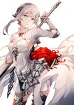  asymmetrical_hair bangs black_legwear blue_eyes breasts commentary_request cowboy_shot dress gloves grey_gloves grey_hair hizuki_miya holding holding_sword holding_weapon looking_at_viewer medium_breasts parted_lips sidelocks silver_hair simple_background sinoalice snow_white_(sinoalice) solo standing sword sword_behind_back thighhighs tied_hair weapon weapon_on_back white_background white_dress 