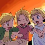  2boys :d ahoge alphonse_elric blonde_hair blue_eyes child closed_eyes dress edward_elric fullmetal_alchemist green_shirt hand_on_another's_shoulder happy locked_arms looking_at_another lowres multiple_boys nakamura open_mouth pants red_shirt shirt short_hair siblings sky smile sunset winry_rockbell yellow_eyes younger 