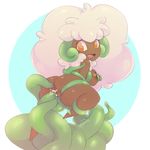  1girl anal ass breast_squeeze breasts dark_skin double_penetration drooling erect_nipples huge_ass large_breasts nipples orange_eyes pokemon pokemon_(creature) pussy_juice restrained smile thick_thighs thighs vaginal whimsicott 