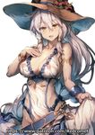  animal_ears artist_name braid breasts cleavage covered_navel ears_through_headwear erune flower granblue_fantasy hair_between_eyes hat hat_flower heles large_breasts long_hair looking_at_viewer nipples patreon_username red_flower redcomet see-through sidelocks silver_hair simple_background single_braid solo sweat very_long_hair watermark web_address white_background yellow_eyes 