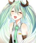  bad_id bad_pixiv_id blue_hair blue_neckwear blush closed_eyes detached_sleeves eileen_(artist) eyebrows_visible_through_hair facing_viewer hatsune_miku long_hair necktie open_mouth smile solo twintails upper_body vocaloid 
