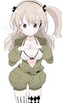  alternate_breast_size asymmetrical_legwear bangs belt black_ribbon bow bow_bra bra breasts brown_eyes brown_jumpsuit closed_mouth frown fume girls_und_panzer hair_ribbon henyaan_(oreizm) light_brown_hair long_sleeves medium_breasts open_clothes print_legwear ribbon shimada_arisu short_jumpsuit side_ponytail simple_background solo thighhighs underwear white_background white_bra 