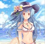  beach bikini binan_xian_lu bird black_hat blue_hair bow breasts cleavage day eyebrows_visible_through_hair flower hat hat_bow hat_flower hat_ribbon hinanawi_tenshi jewelry large_breasts long_hair looking_at_viewer navel necklace red_eyes ribbon seagull solo swimsuit touhou white_bikini white_bow white_ribbon 