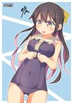 alternate_costume ass_visible_through_thighs black_hair blue_background blush breasts cosplay covered_navel fang framed_breasts hair_ribbon highres i-13_(kantai_collection) i-13_(kantai_collection)_(cosplay) kantai_collection long_hair medium_breasts multicolored_hair naganami_(kantai_collection) one-piece_swimsuit open_mouth pepatiku pink_hair ribbon sailor_collar school_swimsuit solo standing swimsuit two-tone_hair wavy_hair yellow_eyes 