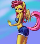  5_fingers anthro biped blue_background clothed clothing crop_top equine fafecalus feathered_wings feathers female fluttershy_(mlp) friendship_is_magic fur hair long_hair mammal my_little_pony pegasus pink_hair pink_tail portrait shirt shorts side_view simple_background solo standing three-quarter_portrait wings yellow_feathers yellow_fur yellow_wings 