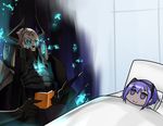  altronage armor bed black_hairband black_skin book chibi fate/grand_order fate/prototype fate/prototype:_fragments_of_blue_and_silver fate_(series) glowing glowing_eyes hairband hassan_of_serenity_(fate) horns king_hassan_(fate/grand_order) purple_hair reading skull skull_mask 