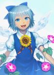  :d artist_name blue_bow blue_dress blue_eyes blue_hair bow cirno commentary dress flower hair_bow ice ice_wings kageharu looking_at_viewer morning_glory open_mouth plant puffy_short_sleeves puffy_sleeves short_hair short_sleeves smile solo sunflower tan tanned_cirno touhou vines wings 