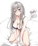  alternate_hairstyle bare_legs barefoot blue_eyes blush breasts cleavage closed_mouth collarbone commentary_request folded_leg hair_between_eyes hair_over_breasts kamoi_(kantai_collection) kantai_collection large_breasts leaning_forward lips long_hair looking_away panties rizzl signature silver_hair sitting solo thick_eyebrows underwear wariza white_panties 