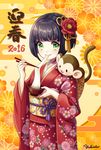  2016 animal animal_on_shoulder black_hair blush bowl chopsticks closed_mouth eyebrows_visible_through_hair flower furisode green_eyes hair_flower hair_ornament highres holding holding_bowl holding_chopsticks japanese_clothes kimono looking_at_viewer monkey nengajou new_year original short_hair signature smile yukinko_(yukiwork) 