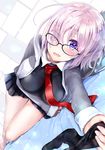  barefoot black_skirt blush breasts eyebrows_visible_through_hair fate/grand_order fate_(series) glasses hair_over_one_eye keepout large_breasts looking_at_viewer lying mash_kyrielight necktie on_side pantyhose pantyhose_removed parted_lips pink_hair purple_eyes red_neckwear short_hair skirt 