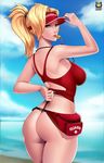  1girl adjusting_swimsuit ass back beach blonde_hair from_behind kyoffie12 lifeguard mercy_(overwatch) one-piece_thong overwatch smile solo summer swimsuit thong thong_leotard whistle 