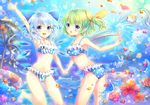  :d :o ahoge arm_up bikini blue_bikini blue_eyes blue_hair bow breasts cirno collarbone commentary daiyousei fireworks fish flower frilled_bikini frills green_hair hair_bow hair_ribbon holding_hands ice ice_wings looking_at_viewer medium_breasts multiple_girls open_mouth palm_tree pjrmhm_coa polka_dot polka_dot_bikini purple_eyes ribbon short_hair side_ponytail smile striped swimsuit touhou tree vertical-striped_bikini vertical_stripes water water_drop waving wings 