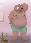  anthro bear belly black_nose blue_fur blush brown_fur bulge clothed clothing digital_media_(artwork) english_text fur hand_behind_head inside male mammal moobs overweight pants plant simple_background slightly_chubby softscone standing text 