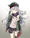  absurdres azit_(down) bangs bare_shoulders black_shorts blue_eyes character_name g11_(girls_frontline) girls_frontline gradient gradient_background green_hat green_jacket hat highres jacket long_hair long_sleeves looking_at_viewer off_shoulder one_eye_closed open_clothes open_jacket shiny shiny_hair shirt short_shorts shorts shoulder_cutout silver_hair sleepy solo standing t-shirt white_shirt yebisu 