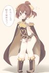  armor bare_shoulders blush bottomless bow bracelet breastplate brown_eyes brown_hair cape dyute_(fire_emblem) fang fire_emblem fire_emblem_echoes:_mou_hitori_no_eiyuuou flying_sweatdrops gloves jewelry long_hair naked_tabard open_mouth ponytail simple_background solo sweat tabard teu_(navy) translated 