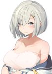  3: blue_eyes breasts bright_pupils camisole cleavage closed_mouth eyebrows_visible_through_hair hair_ornament hair_over_one_eye hairclip hamakaze_(kantai_collection) highres kantai_collection kei_(soundcross) large_breasts off_shoulder sailor_collar sailor_shirt shirt short_hair silver_hair simple_background solo strap_gap strap_slip sweatdrop upper_body white_background white_pupils 