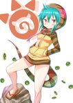  blush closed_mouth eyebrows_visible_through_hair frown green_hair hands_in_pockets highres hood hood_up hoodie japari_coin japari_symbol kemono_friends looking_at_viewer snake_tail solo striped_hoodie striped_tail tail tenzeru tsuchinoko_(kemono_friends) yellow_eyes 
