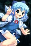  :d akiba_hideki blouse blue_bow blue_dress blue_eyes blue_hair blue_wings blush bow cirno dress eyebrows_visible_through_hair flat_chest hair_bow ice ice_wings index_finger_raised looking_at_viewer neck_ribbon open_mouth puffy_short_sleeves puffy_sleeves red_ribbon ribbon round_teeth short_hair short_sleeves smile solo teeth touhou white_blouse wing_collar wings 