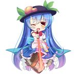  binan_xian_lu black_hat blue_hair blue_skirt blush boots bow brown_footwear chibi eyebrows_visible_through_hair full_body hat hinanawi_tenshi holding holding_sword holding_weapon knee_boots long_hair looking_at_viewer one_eye_closed open_mouth puffy_short_sleeves puffy_sleeves red_bow red_eyes short_sleeves sitting skirt smile solo sword sword_of_hisou touhou weapon 