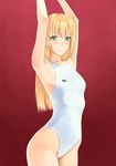  arena_(company) arms_up blonde_hair breasts competition_swimsuit cowboy_shot green_eyes highres long_hair one-piece_swimsuit original red_background rure simple_background small_breasts smile solo standing swimsuit white_swimsuit 