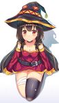  absurdres bandaged_leg bandages black_gloves black_hair black_legwear breasts brown_eyes brown_hair button_eyes cape cleavage collar commentary dress fingerless_gloves gloves hat highres kono_subarashii_sekai_ni_shukufuku_wo! long_hair megumin red_dress short_hair_with_long_locks single_thighhigh small_breasts solo thighhighs witch_hat zhafitren 
