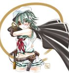  artist_name bandolier belt black_cape black_gloves blush cape commentary_request cowboy_shot epaulettes eyepatch flat_cap gloves green_eyes green_hair hat kantai_collection kiso_(kantai_collection) long_hair looking_at_viewer midriff navel open_mouth pleated_skirt pouch remodel_(kantai_collection) saber_(weapon) sagamiso school_uniform serafuku short_sleeves skirt solo sword tsurime weapon 