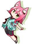  7th_dragon_(series) 7th_dragon_2020 animal_ears blush bow cat_ears chibi closed_mouth eyebrows_visible_through_hair green_bow green_eyes looking_at_viewer marina_(7th_dragon) naga_u pink_hair short_hair short_sleeves smile solo 