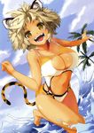  :d absurdres animal_ears bangs bare_arms bare_legs bare_shoulders barefoot bikini blue_sky blush breasts brown_eyes brown_hair casual_one-piece_swimsuit cleavage cleavage_cutout cloud cloudy_sky cowboy_shot cropped dark_skin day eyebrows_visible_through_hair fingernails hands_up happy highres large_breasts leg_up long_fingernails looking_at_viewer navel non-web_source ocean one-piece_swimsuit open_mouth original outdoors outstretched_arm palm_tree scan sky smile solo spiked_hair splashing standing standing_on_one_leg stomach swimsuit tail teeth tiger_ears tiger_girl tiger_tail tongue toranoana tree wading wamusato_haru water water_drop white_swimsuit yellow_swimsuit 