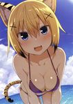  :3 :d absurdres animal_ears bangs bare_arms bare_legs bare_shoulders bent_over bikini black_hair blonde_hair blue_eyes blue_sky blush breast_squeeze breasts cleavage cloud cloudy_sky collarbone cowboy_shot day dutch_angle eyebrows_visible_through_hair fang fisheye greatmosu hair_between_eyes hair_ornament hairclip halter_top halterneck highres horizon large_breasts leaning_forward looking_at_viewer multicolored_hair non-web_source o-ring o-ring_bikini ocean open_mouth original outdoors purple_bikini scan short_hair side-tie_bikini sky smile solo standing streaked_hair swimsuit tail tiger_ears tiger_girl tiger_tail toranoana two-tone_hair water wet x_hair_ornament 