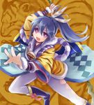  animal_print blue_hair chibi fire_emblem fire_emblem_if holding holding_weapon japanese_clothes kabanshi looking_at_viewer naginata oboro_(fire_emblem_if) polearm purple_eyes smile solo tiger tiger_print weapon 