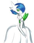  1girl alternate_color bare_shoulders blue_hair breasts cleavage detached_sleeves dress gardevoir green_eyes hair_over_one_eye looking_at_viewer looking_to_the_side medium_breasts mega_gardevoir mega_pokemon no_humans pokemon pokemon_(creature) pokemon_rse saladbomb short_hair simple_background smile solo standing white_background white_dress 