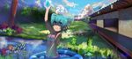  alternate_breast_size artist_name bare_shoulders blue_bow blue_eyes blue_hair blush bow breasts cirno cleavage closed_mouth flower hair_bow happy_birthday looking_away medium_breasts moxmod mushroom short_hair smile solo torii touhou tree wading_pool 