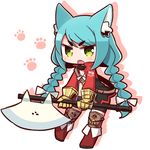  7th_dragon 7th_dragon_(series) animal_ears axe blue_hair boots bow braid brown_footwear cat_ears chibi eyebrows_visible_through_hair fighter_(7th_dragon) full_body green_eyes hair_bow holding holding_axe holding_weapon long_hair looking_at_viewer naga_u open_mouth solo teeth twin_braids weapon white_bow 