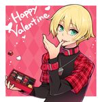  argyle argyle_background black_shirt blonde_hair box_of_chocolates chocolate collar dog_tags finger_licking green_eyes happy_valentine licking looking_at_viewer male_focus minoa_(lastswallow) nitro+_chiral pink_background plaid raglan_sleeves rin_(togainu_no_chi) shirt simple_background solo togainu_no_chi upper_body valentine 