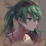  absurdres collarbone earrings eyewear_on_head green_eyes green_hair hatsune_miku highres jewelry long_hair looking_away md5_mismatch mirea necklace solo suna_no_wakusei_(vocaloid) sunglasses twintails upper_body vocaloid 