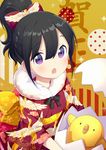  2017 bangs bird black_hair blush bow chick chinese_zodiac commentary_request eyebrows_visible_through_hair fur_collar hair_between_eyes hair_bow japanese_clothes kimono long_hair looking_at_viewer nengajou new_year open_mouth original ponytail purple_bow purple_eyes purple_kimono sidelocks solo sparkle suzuki_moeko tareme upper_body year_of_the_rooster 