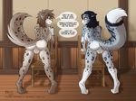  2017 adira_(twokinds) anthro bedroom_eyes black_hair blue_eyes blush breasts butt canine chair clothed clothing dancing detailed_background duo featureless_crotch feline female full_body fur grey_fur grey_hair hair half-closed_eyes heresy_(artist) hi_res hybrid inside kathrin_(twokinds) keidran leaning leopard mammal monochrome nude pubes rear_view seductive side_boob simple_background snow_leopard spots striptease topless twokinds underwear white_background 
