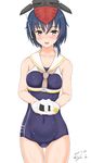  2017 asymmetrical_hair black_hair brown_eyes cowboy_shot dated food framed_breasts hair_between_eyes hat headphones i-13_(kantai_collection) kantai_collection linfa_lm looking_at_viewer one-piece_swimsuit onigiri open_mouth plate sailor_collar school_swimsuit short_hair signature simple_background swimsuit white_background 