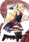  bad_id bad_pixiv_id black_footwear black_legwear blonde_hair blue_eyes book boots cagliostro_(granblue_fantasy) cape commentary_request dress full_body giant_snake granblue_fantasy headband highres holding holding_book jumping long_hair looking_at_viewer looking_back open_mouth outstretched_arm red_skirt simple_background skirt smile test_tube thighhighs tiara vial wasabi60 white_background 