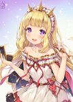  2017 :d bare_shoulders blonde_hair blush cagliostro_(granblue_fantasy) cape crown dated frilled_hairband frills gradient gradient_background granblue_fantasy hairband highres holding kirisame_iroha lipstick lipstick_tube long_hair looking_at_viewer makeup open_mouth purple_eyes smile solo sparkle sparkle_background 