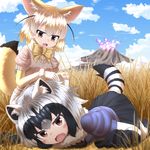  :d absurdres all_fours animal_ears black_hair black_skirt blonde_hair blue_sky bow bowtie brown_eyes cloud commentary_request common_raccoon_(kemono_friends) day eyebrows_visible_through_hair fang fennec_(kemono_friends) fox_ears fox_tail gloves grass highres kakutasu_(akihiron_cactus) kemono_friends mountain multicolored_hair multiple_girls on_ground open_mouth outdoors pleated_skirt puffy_short_sleeves puffy_sleeves raccoon_ears raccoon_tail sandstar savannah short_hair short_sleeves skirt sky smile tail white_hair 
