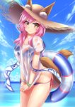  :3 absurdres animal_ears bikini blue_bikini blush breasts cleavage commentary_request ears_through_headwear fang fate/extra fate/extra_ccc fate/grand_order fate_(series) fox_ears fox_tail hat highres innertube kirisame_mia large_breasts long_hair looking_at_viewer nature ocean outdoors pink_hair see-through shirt side-tie_bikini solo straw_hat sun_hat sweat swimsuit t-shirt tail tamamo_(fate)_(all) tamamo_no_mae_(fate) tamamo_no_mae_(swimsuit_lancer)_(fate) wet wet_clothes wet_shirt wet_t-shirt yellow_eyes 