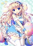  :d animal_ears apron blonde_hair blue_bow blue_eyes blue_footwear blue_ribbon blue_skirt blush bow bunny_ears bunny_tail commentary_request corset easter_egg egg eyebrows_visible_through_hair frilled_cuffs frilled_shirt frilled_skirt frills hair_between_eyes hair_bow hairband head_tilt heart highres holding holding_egg kneeling layered_skirt lolita_hairband long_hair looking_at_viewer mary_janes neck_ribbon open_mouth original oversized_object puffy_short_sleeves puffy_sleeves ribbon sasai_saji shirt shoes short_sleeves skirt smile solo tail thighhighs waist_apron white_bow white_legwear white_shirt wrist_cuffs 