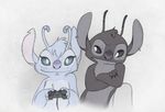  2016 alien antennae ark_(solosandwich) black_claws black_eyes black_fur blue_eyes chamille chee_tuft chest_tuft claws controller countershading disney dualshock duo ear_piercing experiment_(species) eyelashes facial_piercing fan_character freckles fur game_controller gaming grey_countershading grumpy head_tuft hi_res leaning lilo_and_stitch mixed_media notched_ear periwinkle_fur piercing playing_videogame purple_nose questioning simple_background smile solosandwich tuft white_background white_pupils 