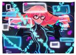  1girl bodysuit breasts eyebrows_visible_through_hair glasses gloves hologram long_hair mao_(expuella) monitor orange_hair parted_lips persona persona_5 purple_eyes sakura_futaba skin_tight small_breasts solo upper_body 