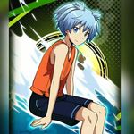  androgynous ansatsu_kyoushitsu bangs bare_arms bare_shoulders black_shorts blue_eyes blue_hair closed_mouth collarbone eyebrows_visible_through_hair from_side looking_at_viewer looking_to_the_side lowres male_focus orange_vest shiota_nagisa short_twintails shorts sitting smile solo twintails water 
